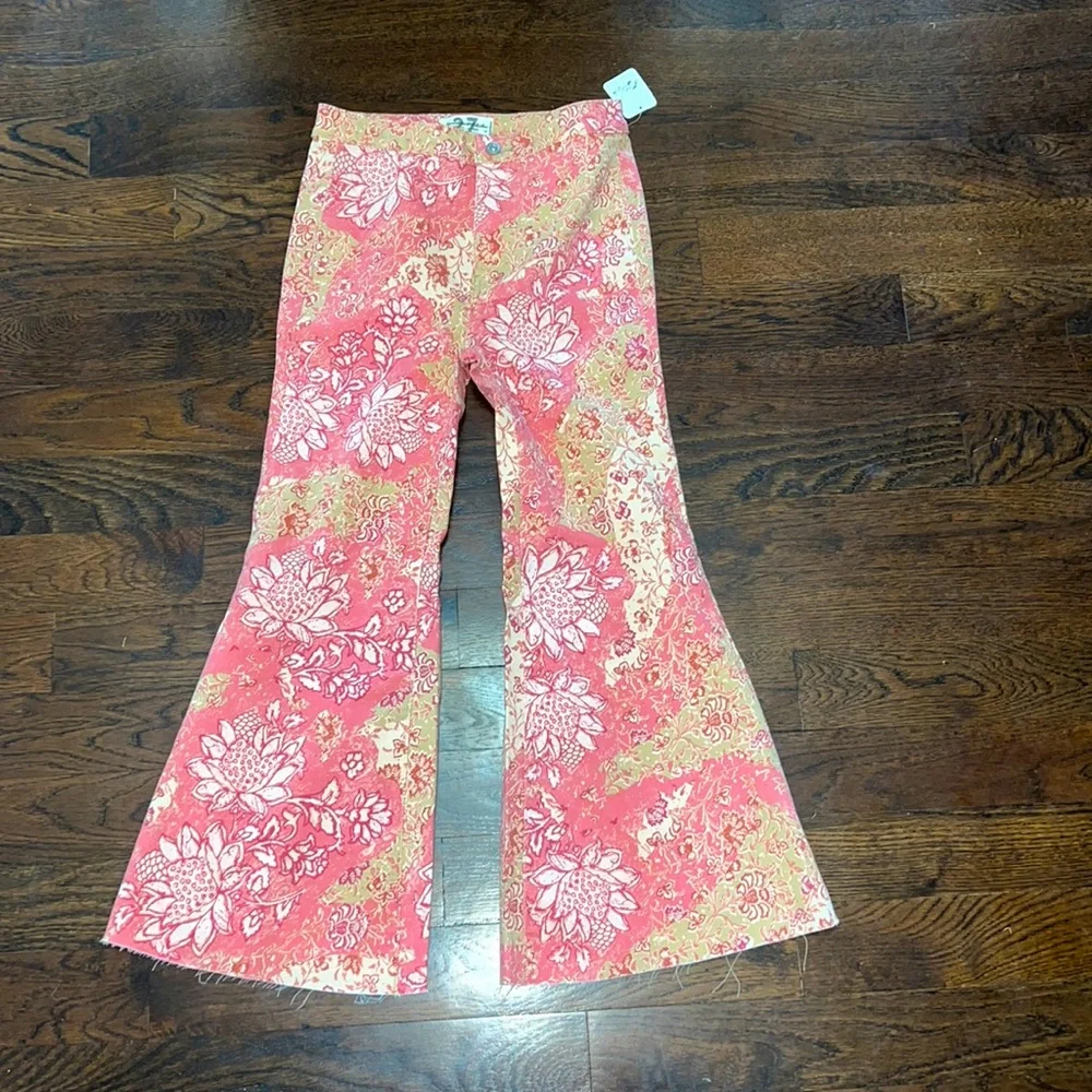 Free People Printed Youthquake Float on Flare Leg Jeans Cropped NWOT